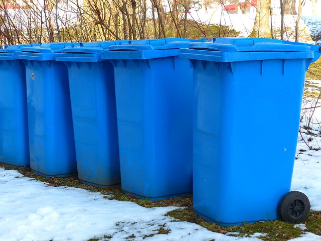 blue garbage bins
